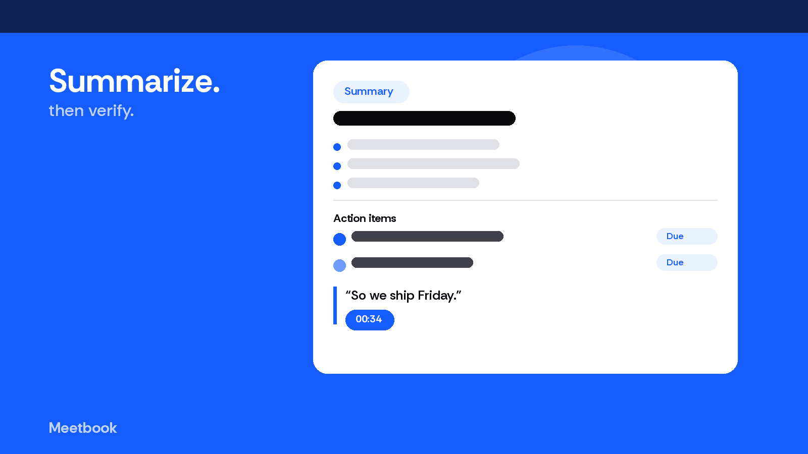 Illustrated meeting summary card with action items, owners, and a timestamped quote on a brand blue background