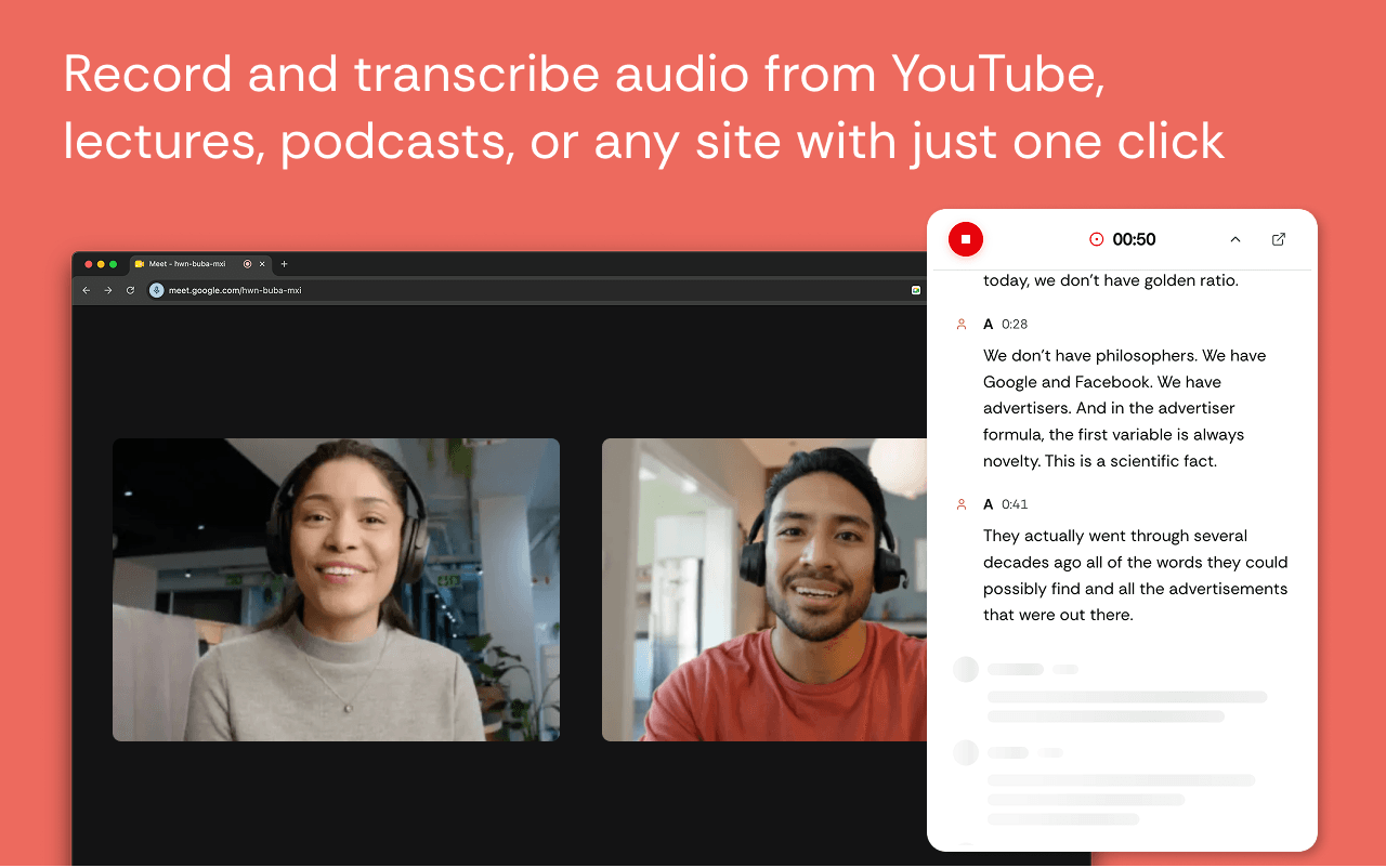 Meetbook Chrome extension meeting recorder - start and stop recording from any browser tab