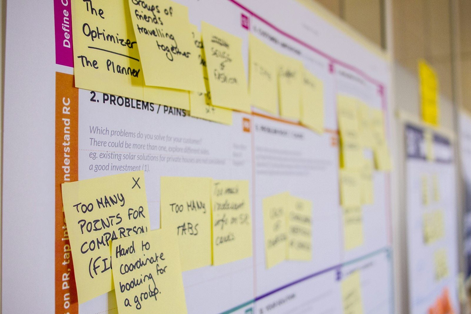 Sticky notes with meeting action items pinned to a board